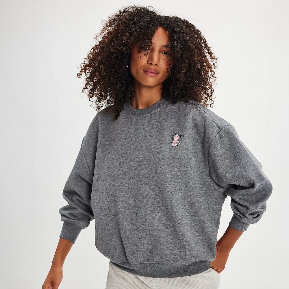 NWT For Love & Lemons Julie Rose Embroidered Grey Sweatshirt XL Oversized